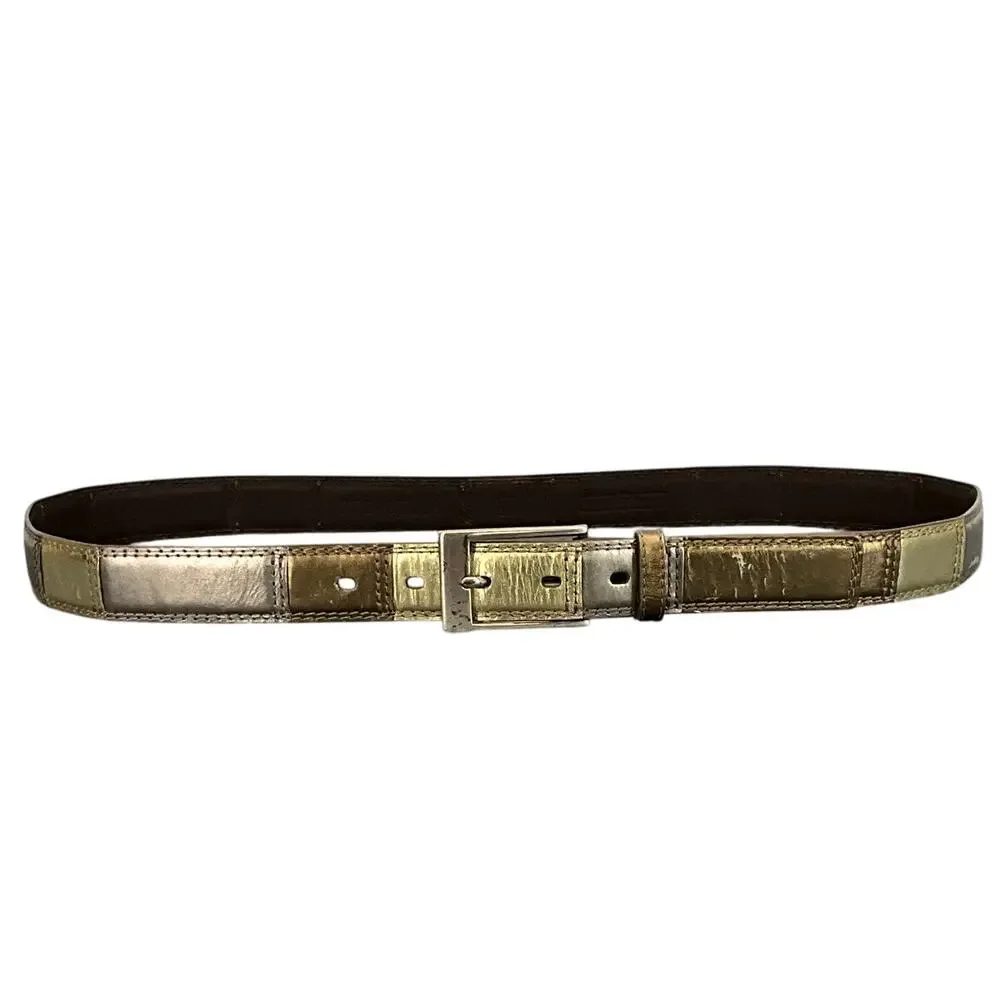 Fossil Genuine Leather Vintage 90s Gold Bronze Patchwork Belt Women 35.5” -39.5”